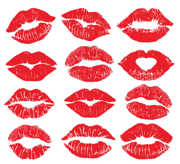 Lipstick kiss print isolated vector big set. red vector lips set. Different shapes of female sexy red lips. Sexy lips makeup, kiss mouth. Female mouth. Print of lips kiss vector background.