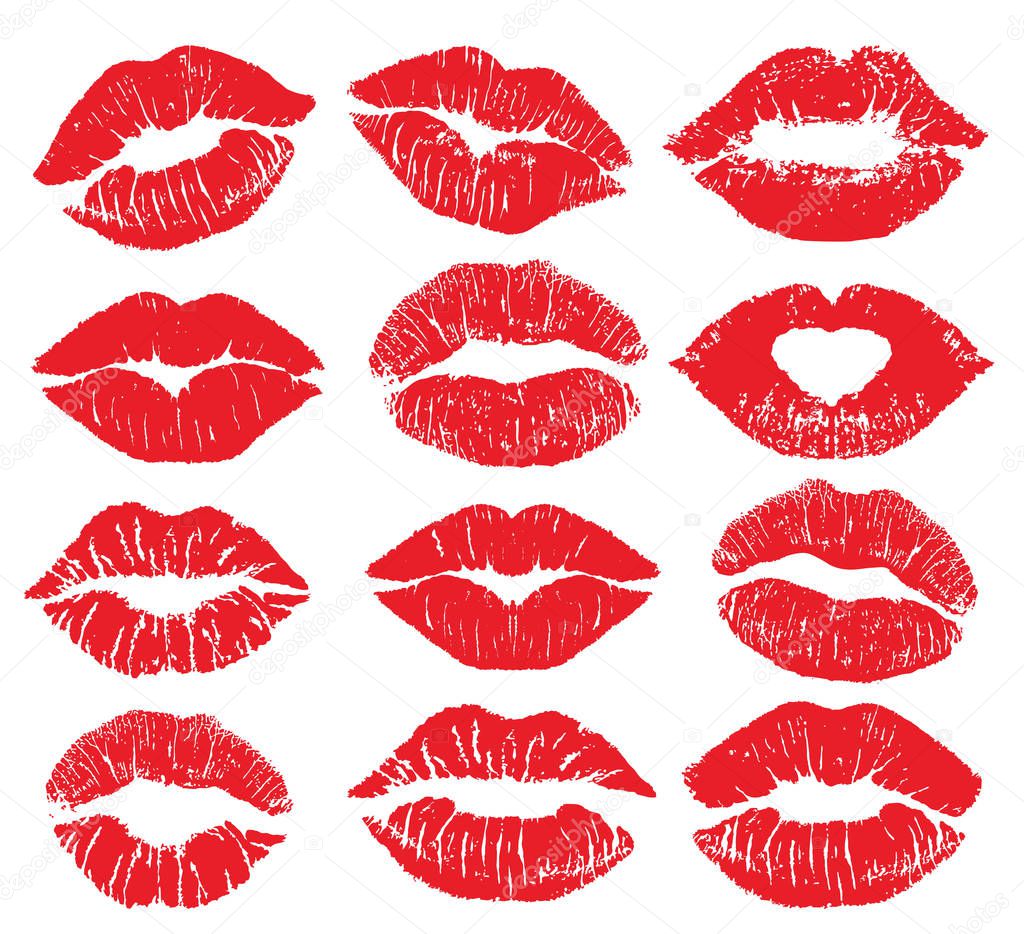 Lipstick kiss print isolated vector big set. red vector lips set. Different shapes of female sexy red lips. Sexy lips makeup, kiss mouth. Female mouth.