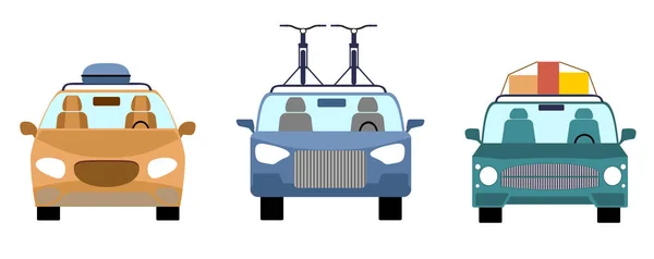 Voitures avec bagages sur le toit. Les voitures transportent des marchandises bicyclettes, boîtes. Illustration vectorielle de style plat isolée sur fond blanc . — Image vectorielle
