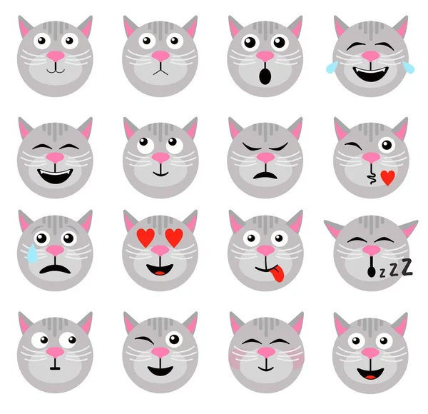猫の感情。動物の絵文字。猫の顔のアイコン、面白い友人の漫画パックは白で隔離され、ベクトルイラスト. — ストックベクタ