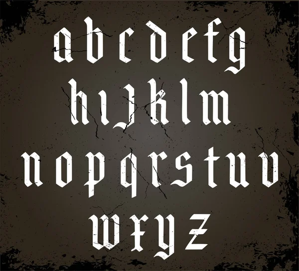 Wit gotisch alfabet op een zwarte achtergrond. Gebarsten vintage textuur. Vintage lettertype. Typografie voor etiketten, krantenkoppen, affiches, enz.. — Stockvector