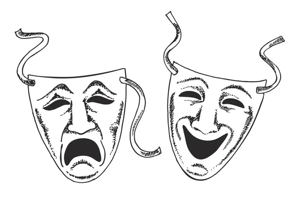Dibujo estilo drama o teatro máscaras ilustración en formato vectorial adecuado para la web, impresión, o publicidad use.Two antiguo juego tradicional griego máscaras humanas traje aislado sobre fondo blanco . — Vector de stock
