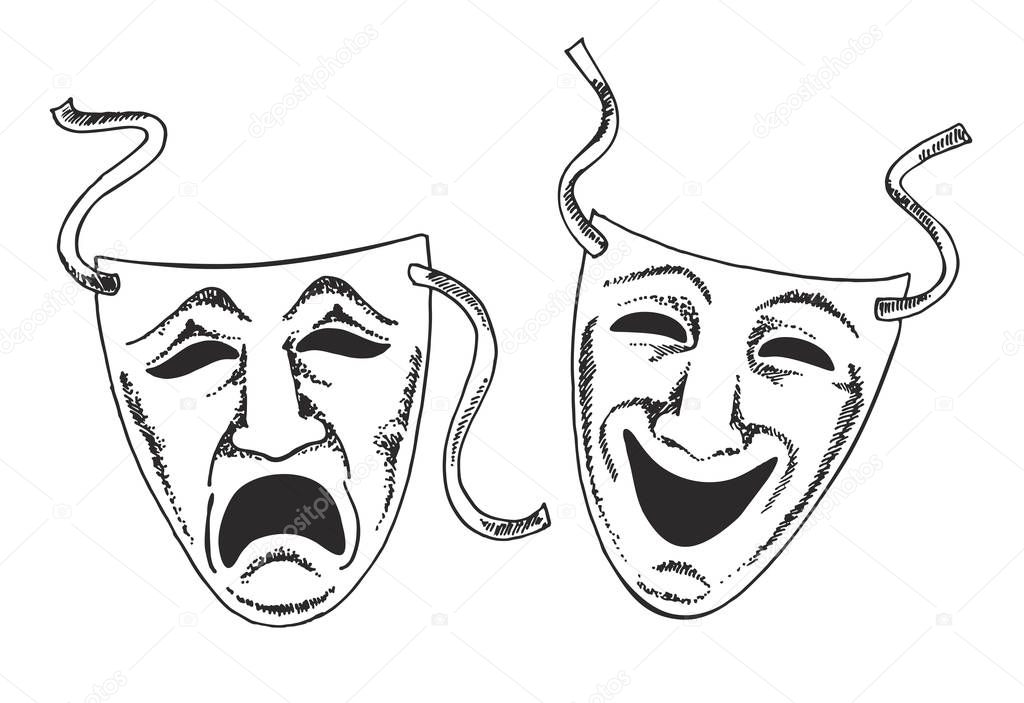Sketch style drama or theater masks illustration in vector format suitable for web, print, or advertising use.Two ancient traditional greek game human masks costume isolated on white background.