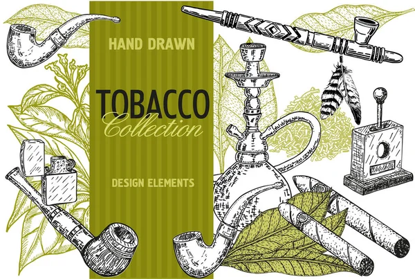 Hand drawn posters with tobacco and smoking collection. Hand drawn cigars, hookah, matches, tobacco leaves, Pipe and smoking accessories — Stock Vector