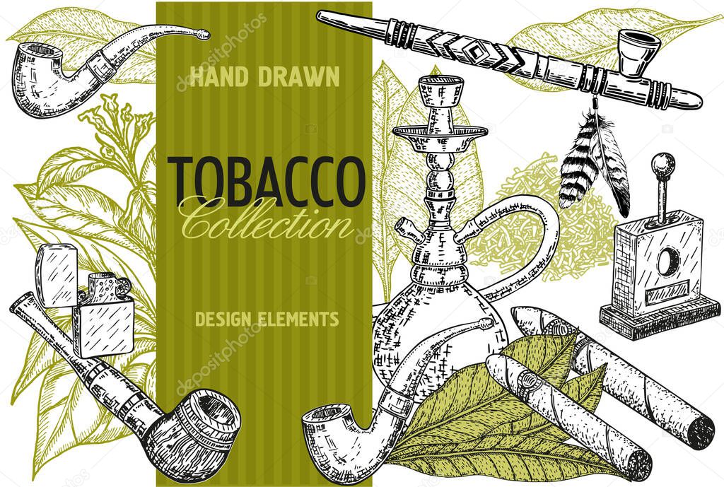 Hand drawn posters with tobacco and smoking collection. Hand drawn cigars, hookah, matches, tobacco leaves, Pipe and smoking accessories