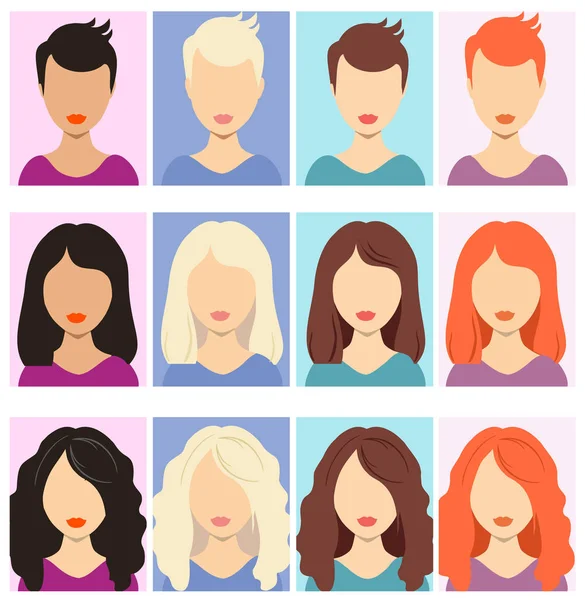 Női arctalan avatarok. Női emberi névtelen portrék, női négyszögletes vektor profil avatar ikonok, weboldal használók fej képek. Állítsa be a különböző lányok frizura rövid, közepes, hosszú haj. — Stock Vector
