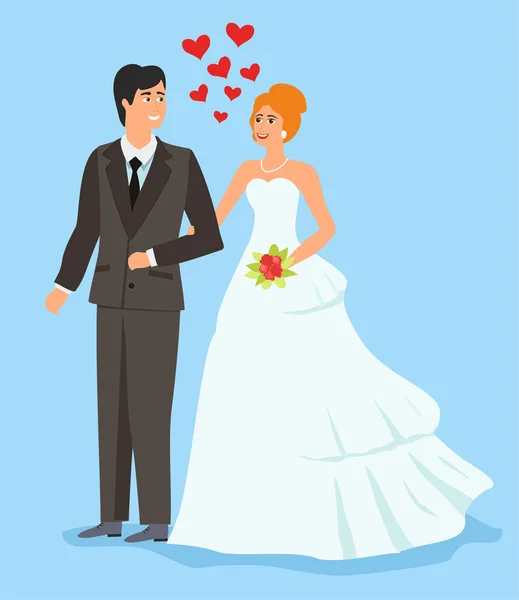 Vector flat style of couple in love. Marriage ceremony day. Man in suit and woman in wedding dress standing and holding hands. Bride and groom. — Stock vektor