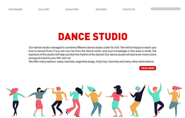 Landing page del estudio Dance. Ilustración de gente bailando vectores. Ensayo de baile en el estudio. Hombres y mujeres jóvenes que asisten a clases de baile. Clase de escuela de baile, landing page . — Vector de stock