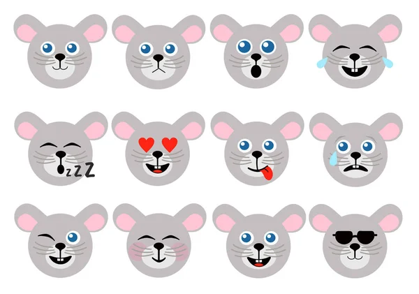 Mouse emoticon. Animal emoticons. Mouse face icons. Set of cartoon mouse stickers. Funny smiles, emoji, expressions, emoticons. Vector illustration. — ストックベクタ