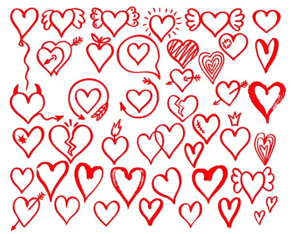 Καρδιά μουντζούρες. Μεγάλα σετ κόκκινες καρδιές σκίτσο. Εικόνες καρδιά Σετ, ζωγραφισμένα στο χέρι εικόνες και εικόνες για Valentin τραχιές καρδιές δείκτη απομονώνονται σε λευκό φόντο. — Διανυσματικό Αρχείο