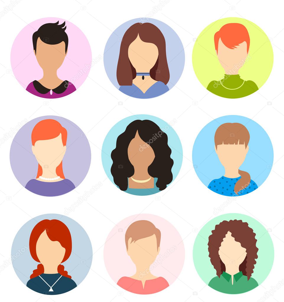 Women faceless avatars. Female human anonymous portraits, woman round vector profile avatar icons, website users head pictures. Women persons portraits collection.