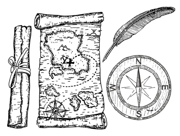 Mapa do tesouro, bússola e pena. Ilustração de um conceito de mapa pirata. Mapa do Tesouro no velho pergaminho de papel vintage, pergaminho com cruz. À procura, à caça ao tesouro. Cartografia Medieval. Modelo de vetor — Vetor de Stock