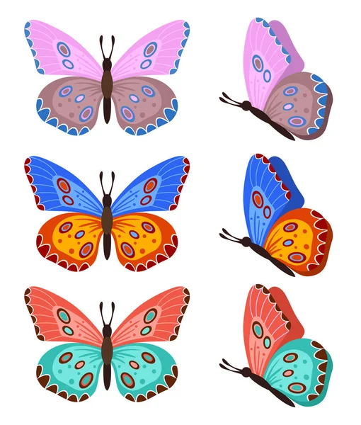Schmetterlinge isoliert auf weißem Hintergrund. Bunte Schmetterlinge. Hübscher Vektor-Schmetterling Set mit Federpalette für Kind. — Stockvektor