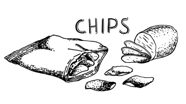 Vector hand getekend snack en junk food Illustratie. Aardappelchips. Vintage stijl schets. — Stockvector