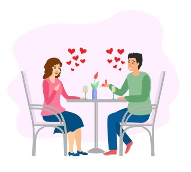 Romantik bir randevu. Kafe masasında yemek yiyen kadın ve erkek. Vektör İllüstrasyonu. Restoran randevusu akşamı. Evlilik teklifi nişan kutlaması..