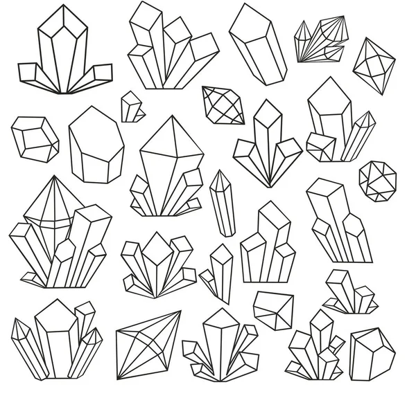 Kristal grafis yang digambar dalam gaya seni garis dan diisolasi pada latar belakang putih. Diatur dengan polihedron geometris, gaya art deco untuk undangan pernikahan, templat mewah. ilustrasi vektor. Buku mewarnai - Stok Vektor