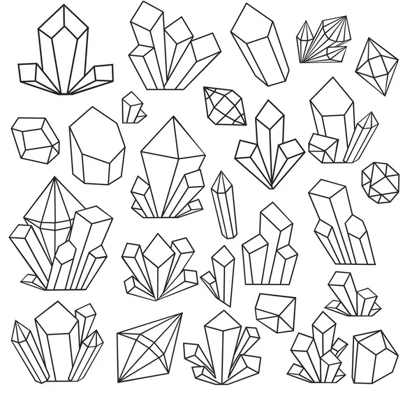 Grafik kristalleri çizgi halinde çizilmiş ve beyaz arkaplanda izole edilmiş. Geometrik çokyüzlü, Art deco tarzı düğün davetiyesi, lüks şablonlar. Vektör çizimi. Boyama kitabı