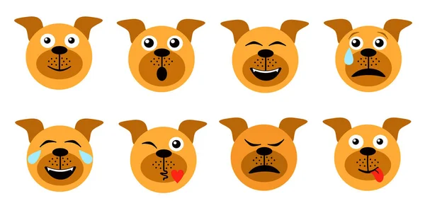 Netter Hund Emoticon. Hund Emoji Emoticon Ausdruck. Glücklich, traurig, wütend, benommen, schlafend, schockiert, müde, verliebt und andere Emotionen. Flache Vektor-Illustration — Stockvektor