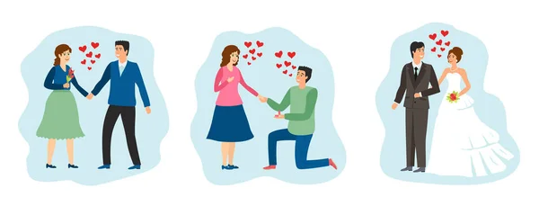 Loving couples. Happy couples in love concept. Acquaintance, engagement and wedding. Man proposes to girl, Vector cartoon characters set — Stock Vector