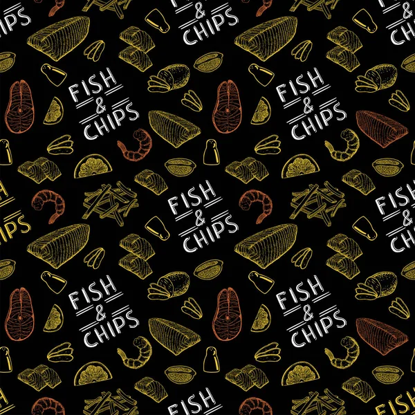 Berömd brittisk snabbmat fisk och chips. Fisk och chips sömlöst mönster. Engelsk fisk och chips för snabbmat mellanmål och take away meny. Sömlös mönster på en svart bakgrund. — Stock vektor