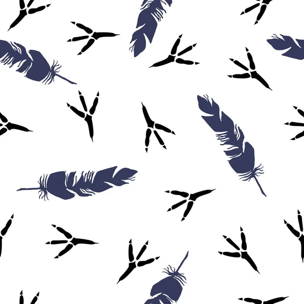 Nahtloses Muster mit Fußabdruck eines Vogels und Vogelfedern. Vektor nahtlosen Hintergrund mit einem Muster von Spuren von Vogelschritten. Textildruck — Stockvektor