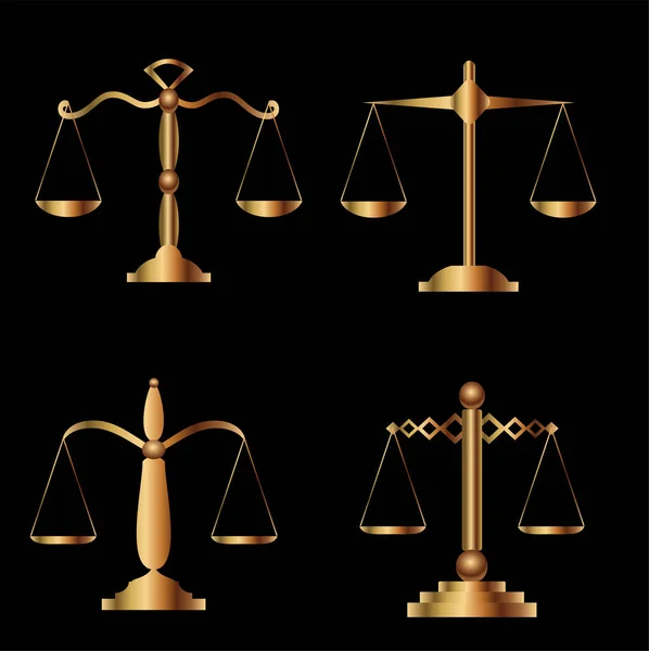 Goldwaage der Gerechtigkeit auf schwarzem Hintergrund. Goldwaagen aufgestellt. Vektorillustration — Stockvektor