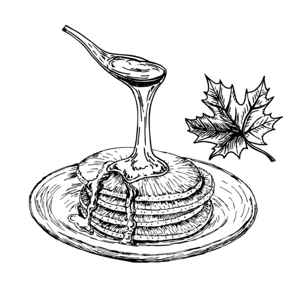 Pfannkuchen mit Ahornsirup. Pfannkuchen auf dem Teller Skizze, Frühstück. Vintage Hand gezeichnet Stil. — Stockvektor