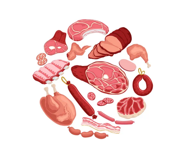 肉だ。白地に隔離されたベクトルチキン、ソーセージ、ベーコン、サラミ、ソーセージ、新鮮な肉。肉料理、霜降りとサラミ、バーベキューステーキのイラスト。丸旗. — ストックベクタ