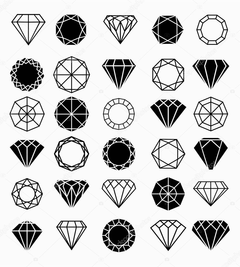 Diamond or brilliants icons set. Line and silhouette diamonds vector collection