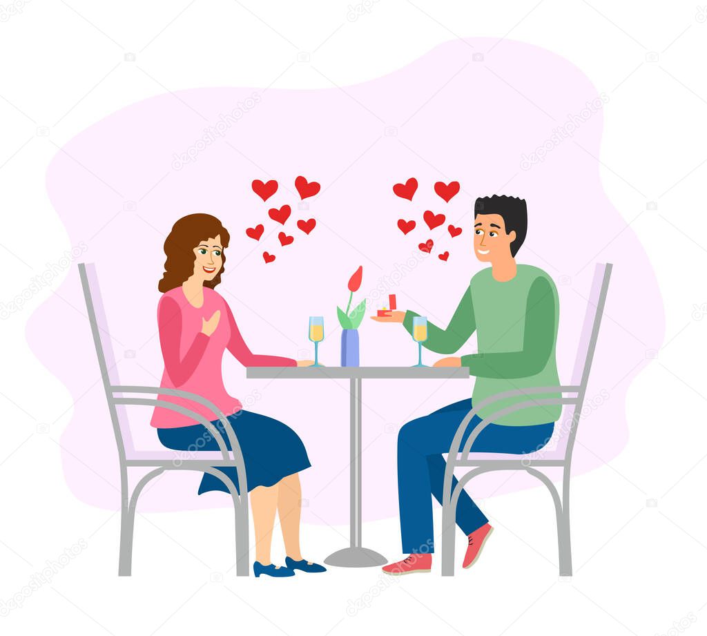 Romantic date. Man and woman at cafe table dinner. Vector Illustration. Restaurant dating evening. Marriage proposal engagement celebration Couple.