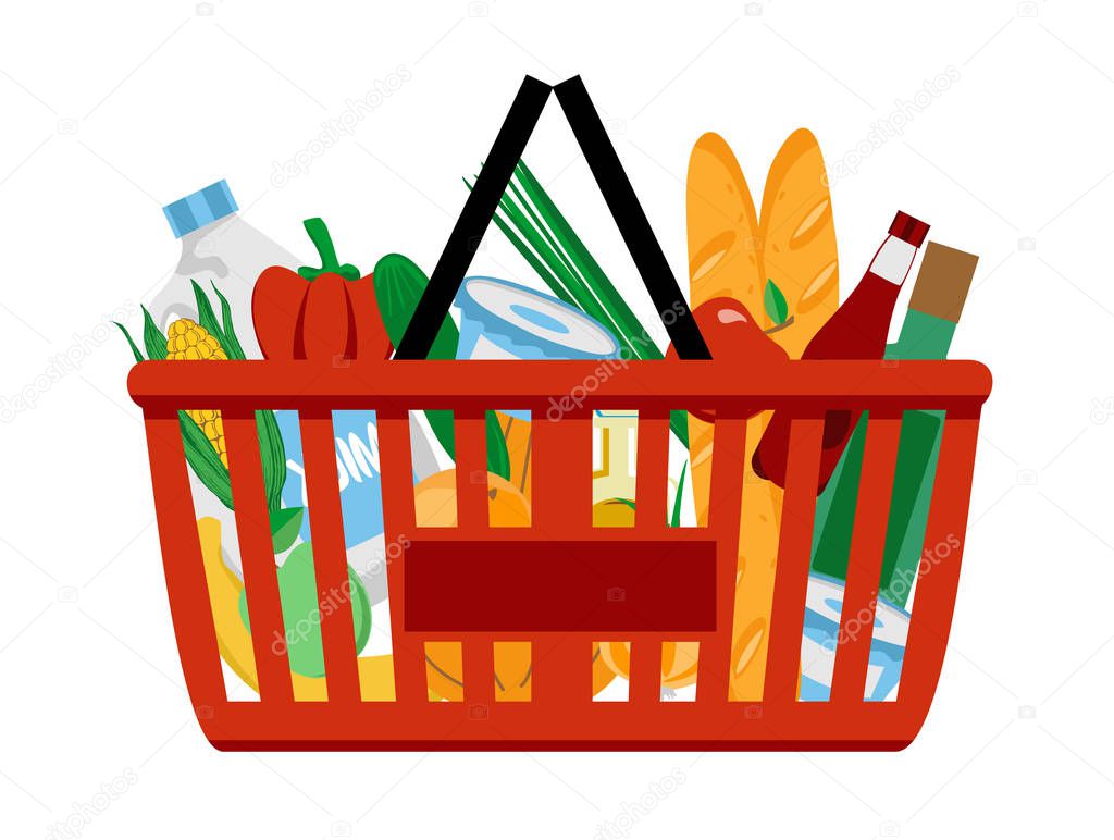 Red plastic shopping basket full of groceries products. Shopping at the supermarket. Grocery store. vector illustration in flat style. grocery set