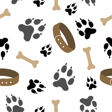 Evcil hayvan patisi deseni. Kemikler, köpek tasması ve hayvani ayak izleri. Hayvan mağazası vektör arkaplanı.