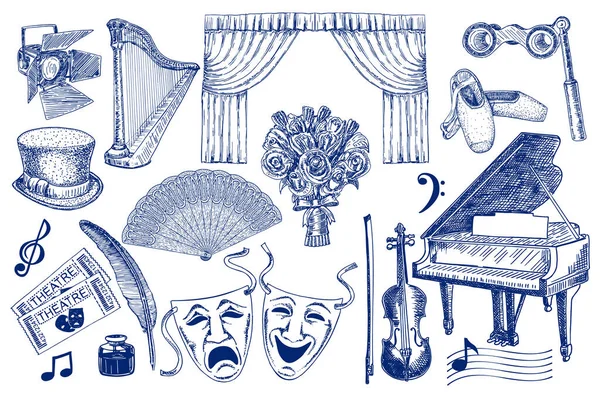 Theaterelementen schetsen een grote set. Geïsoleerd. Schetterende theater iconen. Theateracteerelementen. Kaartje, Maskers, Lyra, Bloemen, Gordijnpodium, Muzieknoten, Pointe schoenen — Stockvector