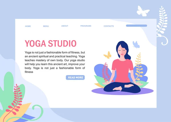 Веб-страница школы Yoga, Studio. Современная концепция дизайна сайта и мобильного веб-сайта. Женщина занимается йогой. Женщина в позе йоги. Векторная иллюстрация — стоковый вектор