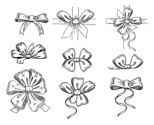 Hand drawn bow. Decoration bows on boxes with gifts. Fashion tie bows accessories sketch doodles tied ribbons. Vintage isolated vector set. — Stock Vector