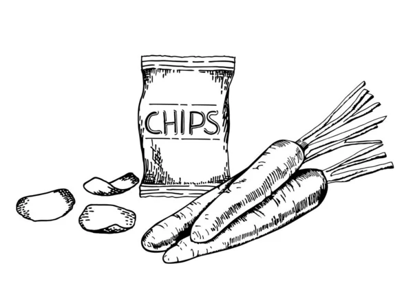 Χειροποίητο σκίτσο σετ τσιπ καρότου. Λαχανικά, πατατάκια, φέτες. Βιολογικά τρόφιμα, συλλογή διανυσματικών εικονογραφήσεων σε λευκό φόντο. — Διανυσματικό Αρχείο