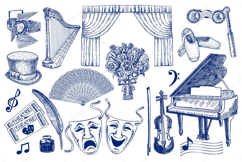 Theater elements sketch big set. Isolated. Sketchy theater icons. Theatre acting performance elements. Ticket, Masks, Lyra, Flowers, Curtain stage, Musical notes, Pointe shoes