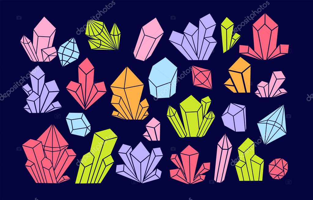 Flat crystals on a dark background. Mineral icon collection.