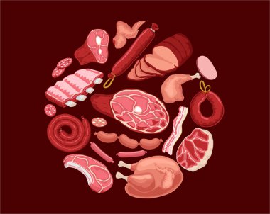 Et seti çizimi. Taze et ve haşlanmış sosis, salam ve tavuk, pastırma, çiğ domuz filetosu ve barbekü yemeği ve gurme alışveriş vektörü çizimi için pişirilmiş jambon.