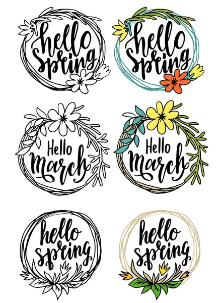 Carta dibujada a mano Hola tarjeta de primavera con marco floral decorativo. Hola logo de primavera en estilo de boceto con flores vector ilustración . — Archivo Imágenes Vectoriales