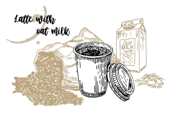 Latte med havremjölk. Kaffe med grönsaksmjölk. upp av vegan kaffe latte med ekologisk havremjölk. — Stock vektor