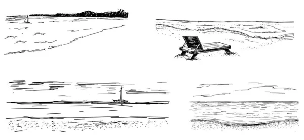 Ensemble de croquis en bord de mer. Mer, plage. Vue panoramique sur la plage. Illustration vectorielle . — Image vectorielle