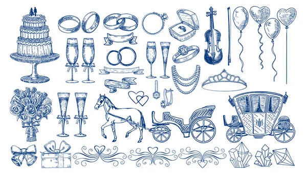 Gran conjunto de elementos de la boda. Estilo de boceto. Pastel de boda, anillos de boda, carruaje de boda con un caballo. Vignettes para invitaciones de decoración . — Vector de stock