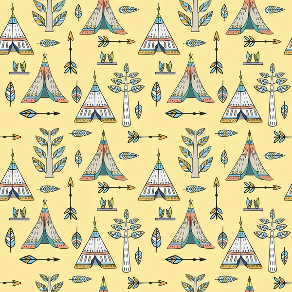 Modello tribale senza soluzione di continuità. Modello creativo in stile boho con frecce etniche, teepee o wigwam, elegante illustrazione vettoriale disegnata a mano. Tenda modello illustrazione vettoriale . — Vettoriale Stock