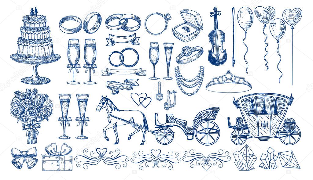 Large set of wedding elements. Sketch style. Wedding cake, wedding rings, wedding carriage with a horse. Vignettes for decoration invitations.