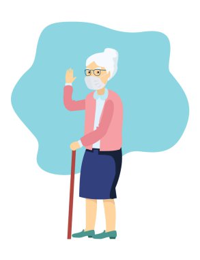 Tıbbi maskeli yaşlı bir kadın. Büyükanne tıbbi maske takıyor. Kirlilik için Yaşlı Sağlık Hizmetleri. Kentsel hava kirliliğinden, havadan bulaşan hastalıklardan, koronavirüsteki kıdemli karakter.