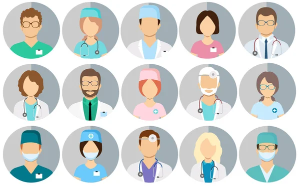 Médicos Avatar. Personal médico - conjunto de iconos con médicos, cirujanos, enfermeras y otros profesionales médicos . — Archivo Imágenes Vectoriales