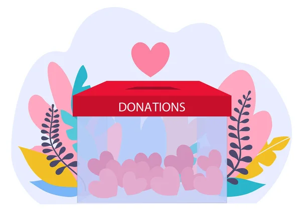 Donaties concept. Charity illustratie met glazen doos met hartjes. Donatie en vrijwilligers werken concept illustratie. — Stockvector