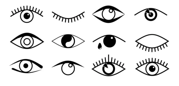 Iconos oculares. Ojos abiertos y cerrados delinear imágenes, dormir formas de los ojos con pestañas, supervisión y búsqueda signos vector ilustración — Vector de stock