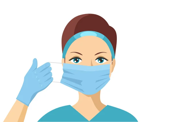 Mulher colocando máscara protetora médica para proteção e prevenção da saúde durante surto de vírus da gripe, epidemia e doenças infecciosas. Uma mulher coloca uma máscara médica . —  Vetores de Stock